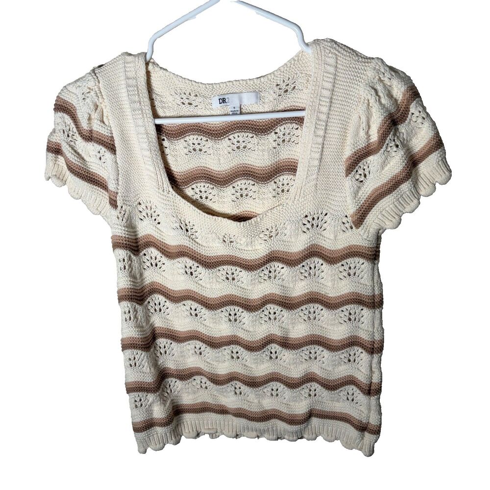 Dr2 Sweater Women's Small Knit Striped Square Neck Short Sleeve Scalloped